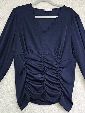 GRACE KARIN Women's 2XL Navy Blue Scalloped V-Neck Ruched Blouse Top Elegant Fit